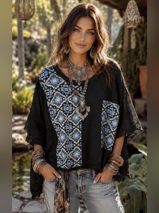 POL Tops - H141 New POL M ptp38 Black Tunic Top with Blue & White Floral Patchwork